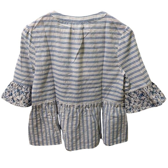 NWT Voy Womens Blue Floral & Stripe Embroidered V-Neck Blouse~Boho~SMALL - Picture 2 of 7